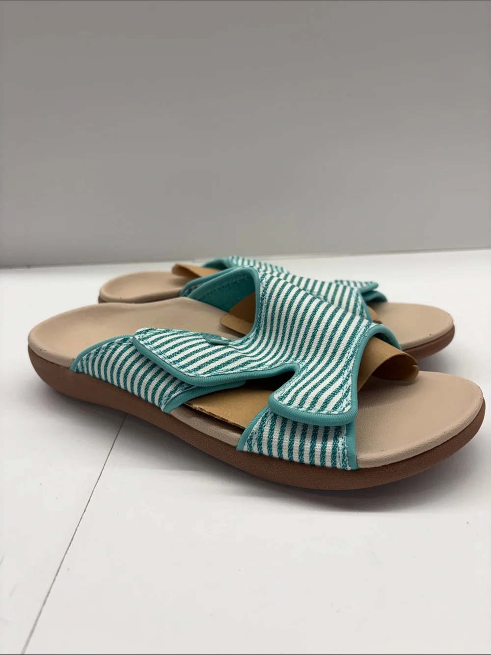 NEW Spenco Waco Women’s Comfort Striped Teal Slide Sandals Size 8.5